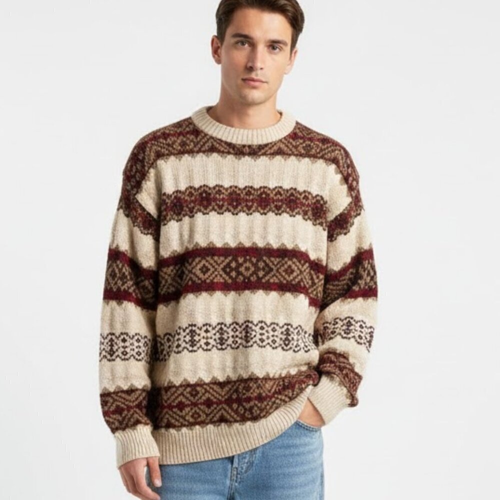90s Vintage Van Heusen Fair Isle Oversized Neutral PatternChunky Grandpa Sweater
